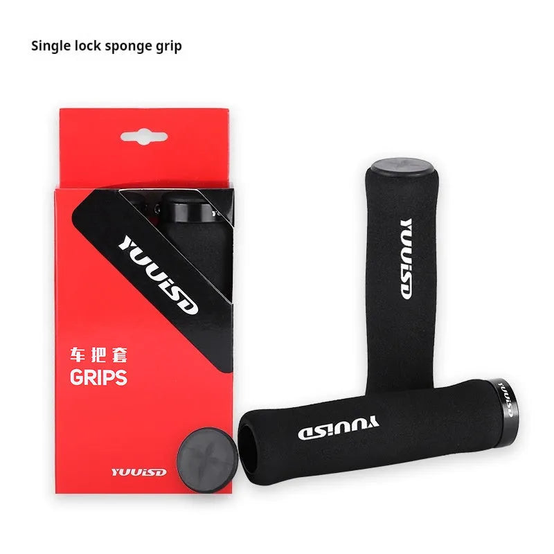 Mountain bike sponge handlebar grip covers in black, purple and biange colours showing soft material and lock-on design