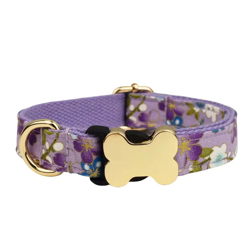 Nylon dog collar with printed grid pattern and metal bone buckle in multiple colour options