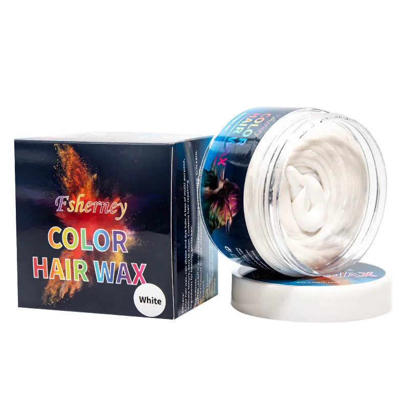 120g jar of hair styling clay showing colour options: blue, green, orange, red, white, yellow, purple, rose, granny grey.