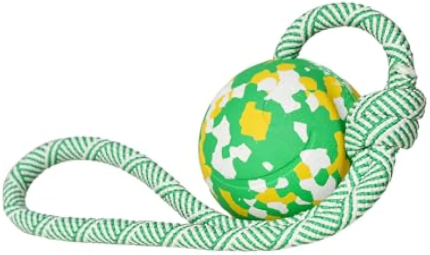 Natural rubber dog ball attached to a nylon rope for fetch and tug of war play.