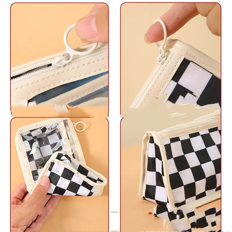 Transparent PVC pencil case with chessboard grid pattern, dimensions 21.5 x 8 x 11.5 cm