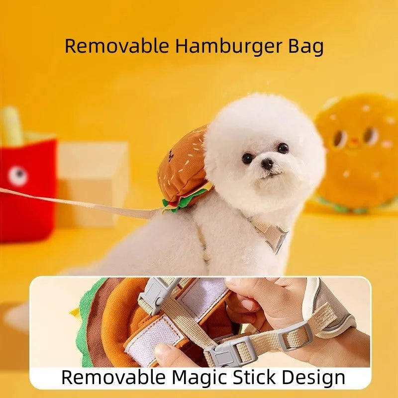 Cartoon hamburger and chips design adjustable escape-proof vest harness and leash set for dogs and cats.