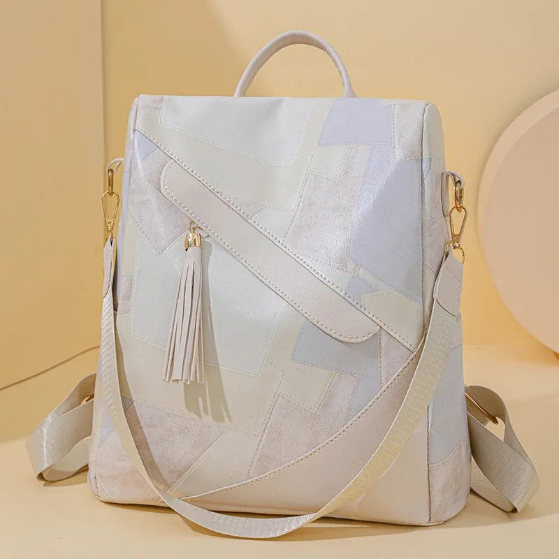 Large capacity retro patchwork PU leather tote bag with sewing line detailing, available in four colours, front view
