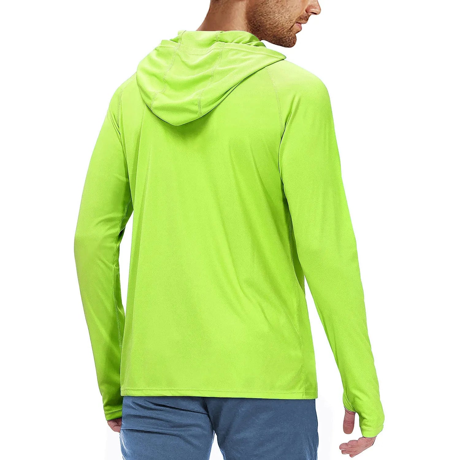 UPF50 hooded slim fit sun protection fishing suit in fluorescent green, polyester quick-dry fabric, available in multiple colours and sizes