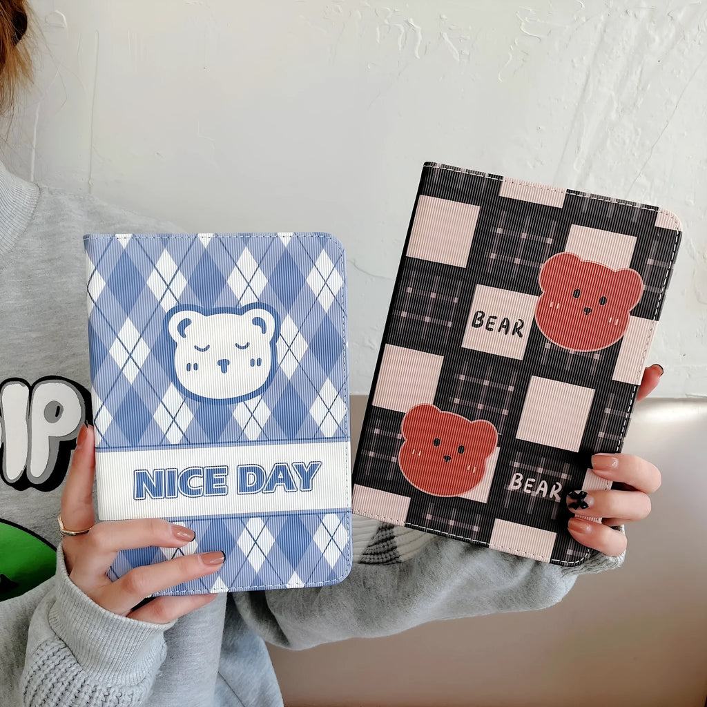 Cartoon plaid protective flip case for iPad with blue rhombus bear pattern, silicone and TPU material