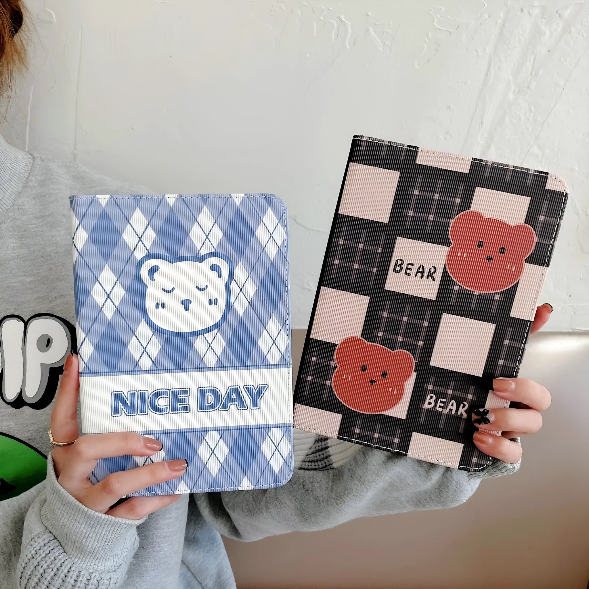 Cartoon plaid protective flip case for iPad with blue rhombus bear pattern, silicone and TPU material