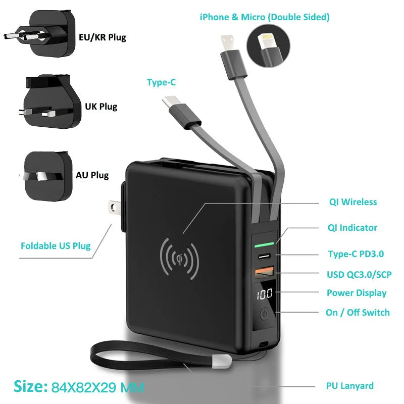 Black and white 10000mAh power bank with wireless charging, a fold-out plug, and international travel adapters.