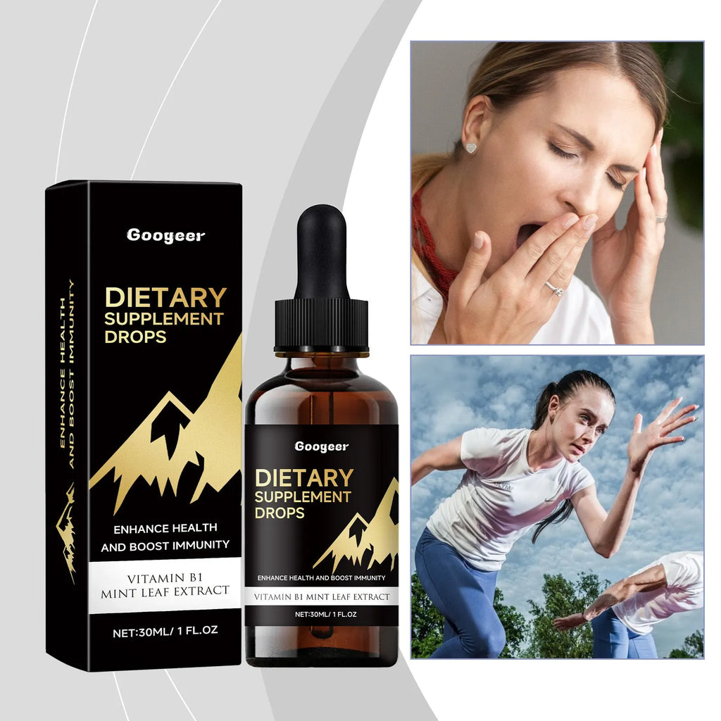 60ml glass bottle of clear dietary supplement drops with a black dropper top