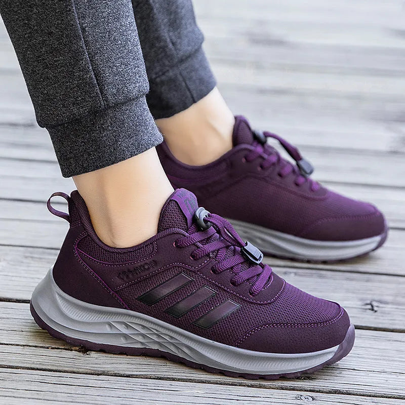 Breathable mesh mum shoes with non-slip sole and elastic band in purple, black, and dark grey colours.