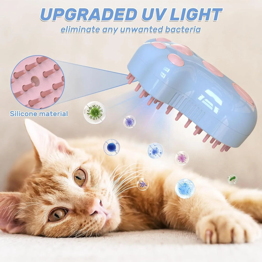 Blue self-cleaning cat steam brush with silicone head and water spray function.