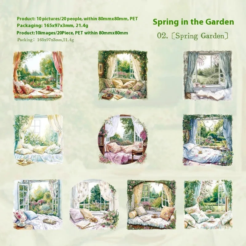 Retro style Window Story Series decorative journal stickers showing six different window-themed colour designs