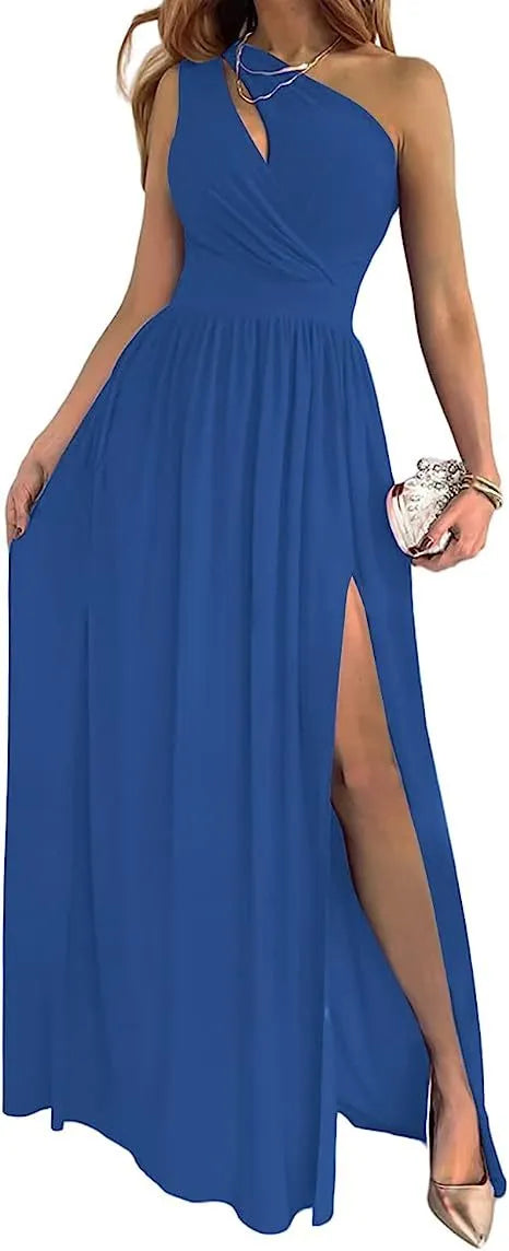 Women's apricot one-shoulder maxi dress with high leg split and sleeveless design.