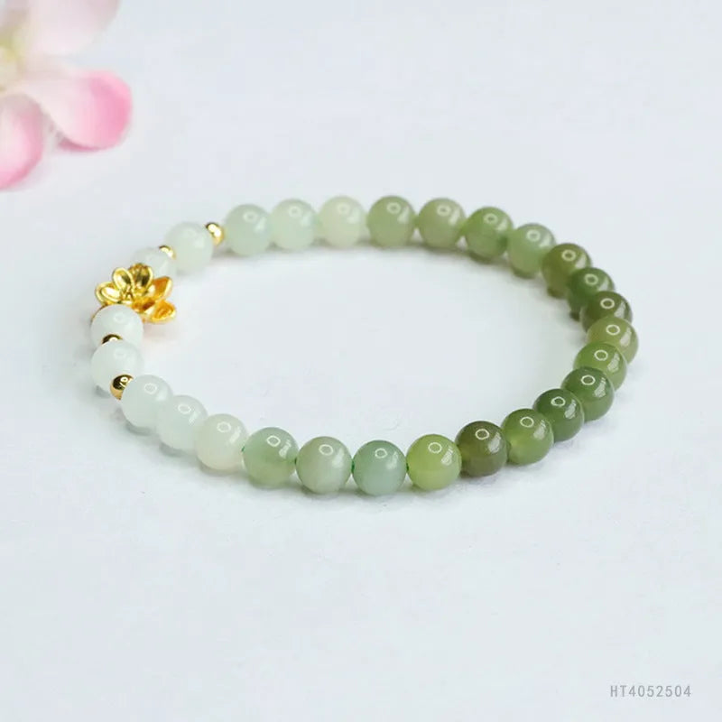 Hand-woven Hetian jade bracelet with clear water gradient colour and flower design