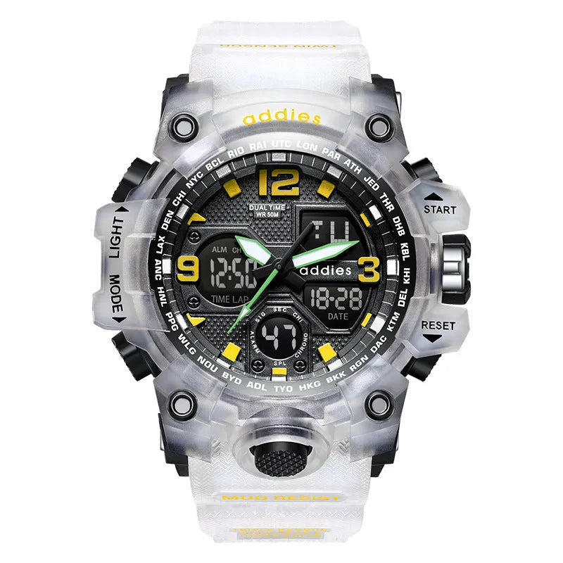 Electronic sports watch with dual analogue and digital display on plastic strap