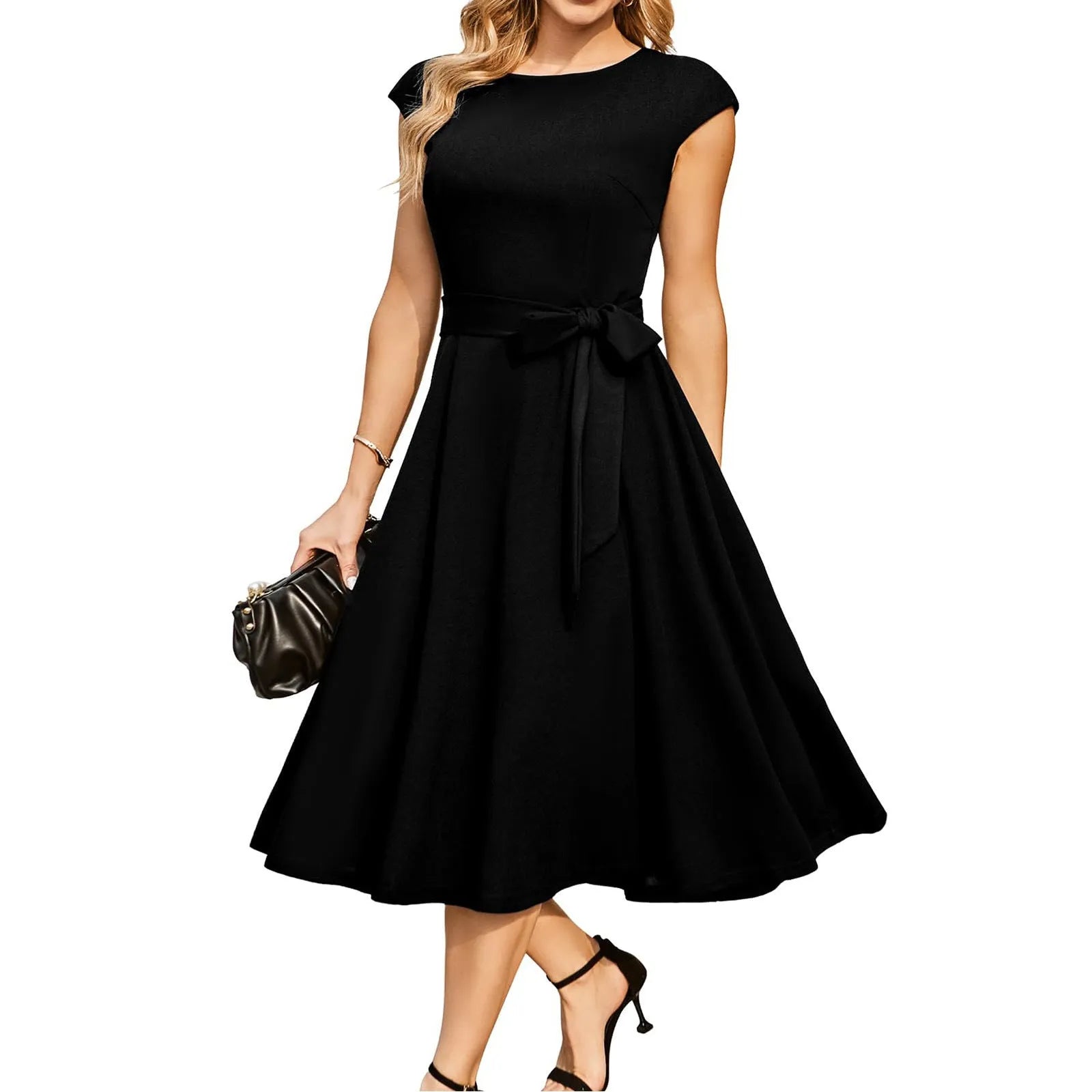 Sleeveless black formal dress with lace-up waist and oversized swing skirt