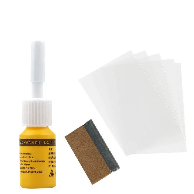 Yellow three-piece car windscreen repair tool set with glass repair liquid