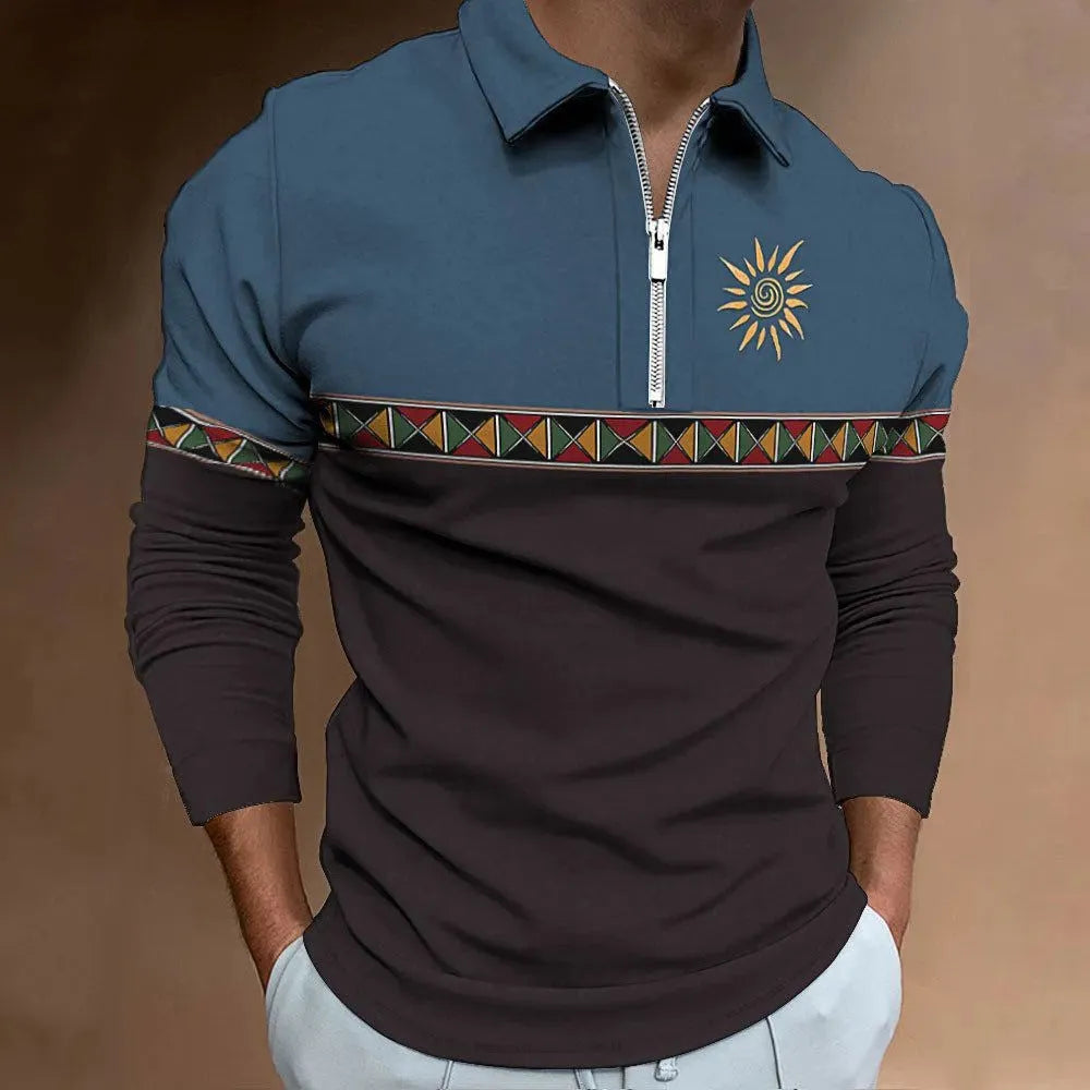 Men's loose fit retro printed golf t-shirt with stripe pattern and zipper decorations on long sleeves