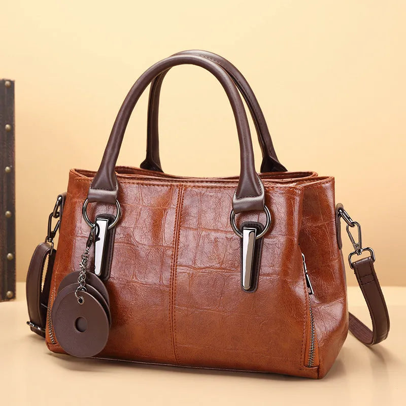 Horizontal square PU leather shoulder bag with single strap and open pocket in vintage brown colour