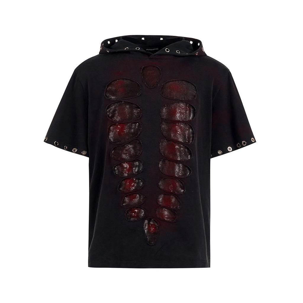 Black hooded men's T-shirt with sequin decoration and short sleeves in loose fit