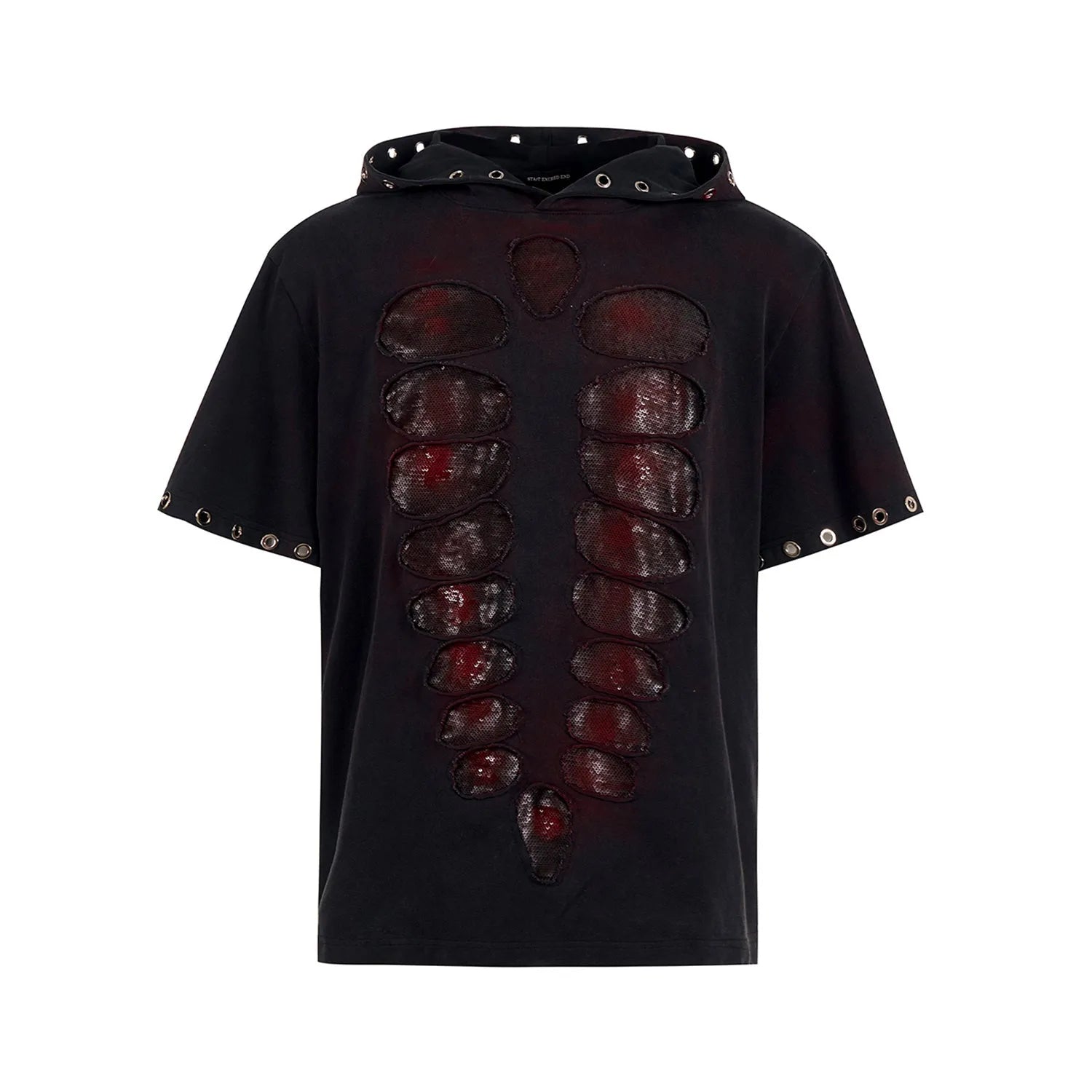 Black hooded men's T-shirt with sequin decoration and short sleeves in loose fit