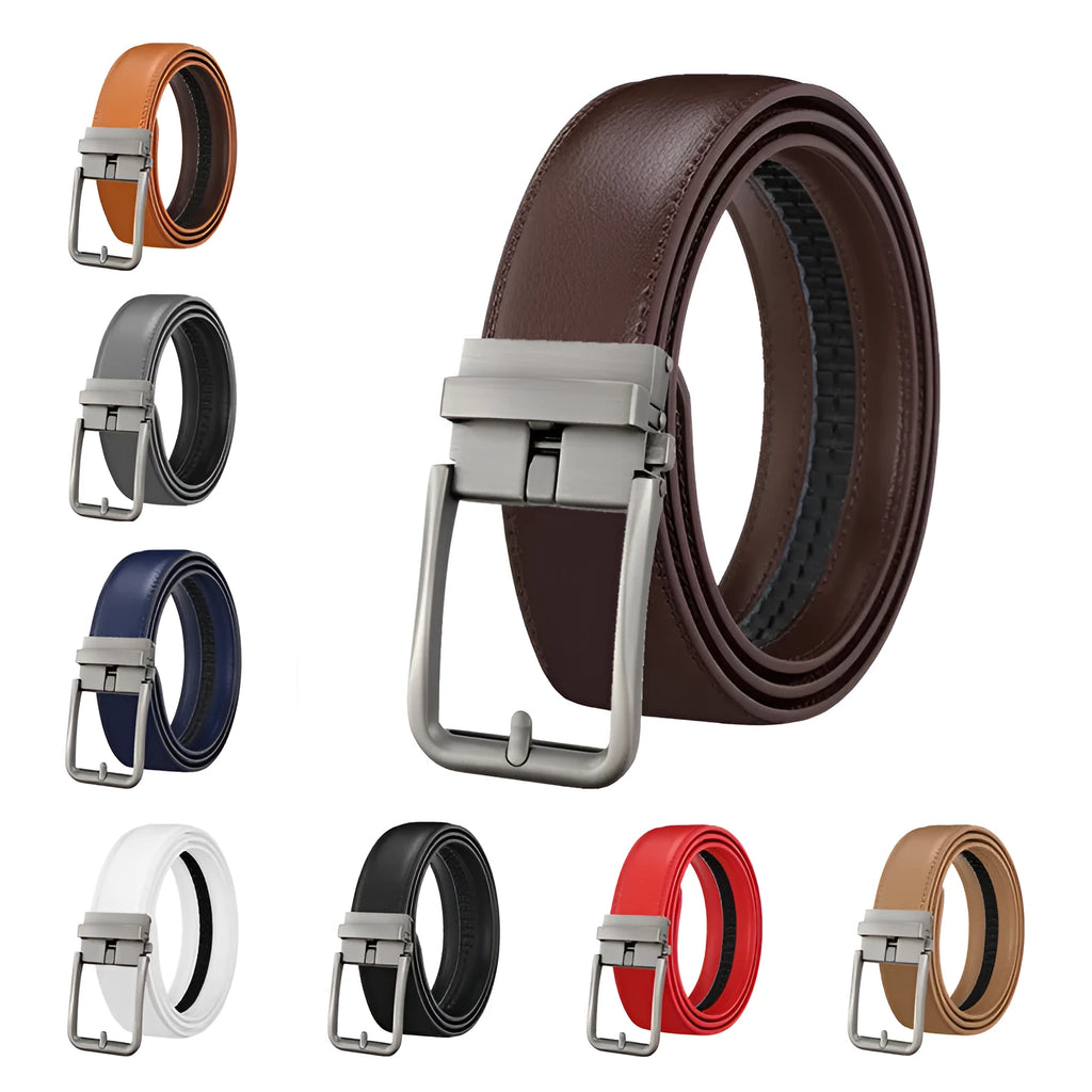 Men's genuine leather belt with automatic alloy buckle, available in multiple colours and lengths