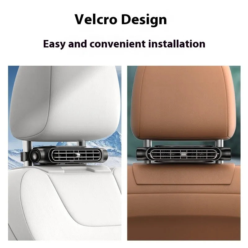 USB car seat fan with velcro strips in black, white, and beige colour options on a car headrest