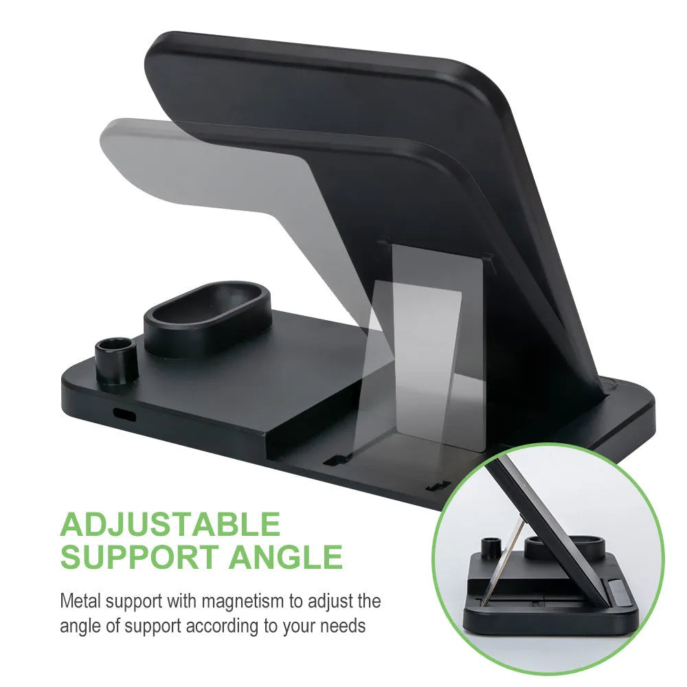 Black folding 4-in-1 wireless charger with vertical stand design for Apple devices