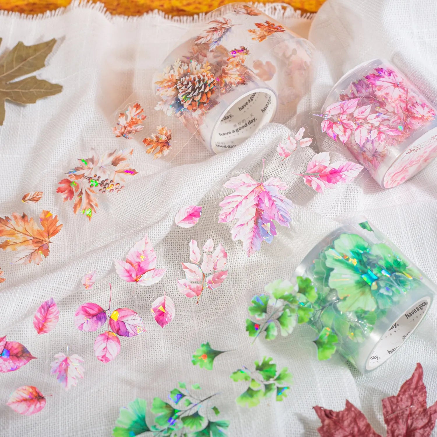Roll of PET decorative stickers showing six botanical colour designs with 40mm width and 2m length dimensions