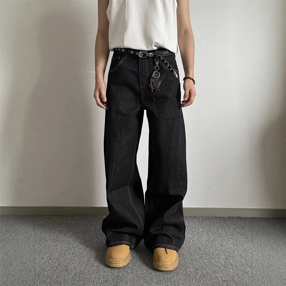 Black retro wide-leg jeans with straight-leg silhouette and mid waist design