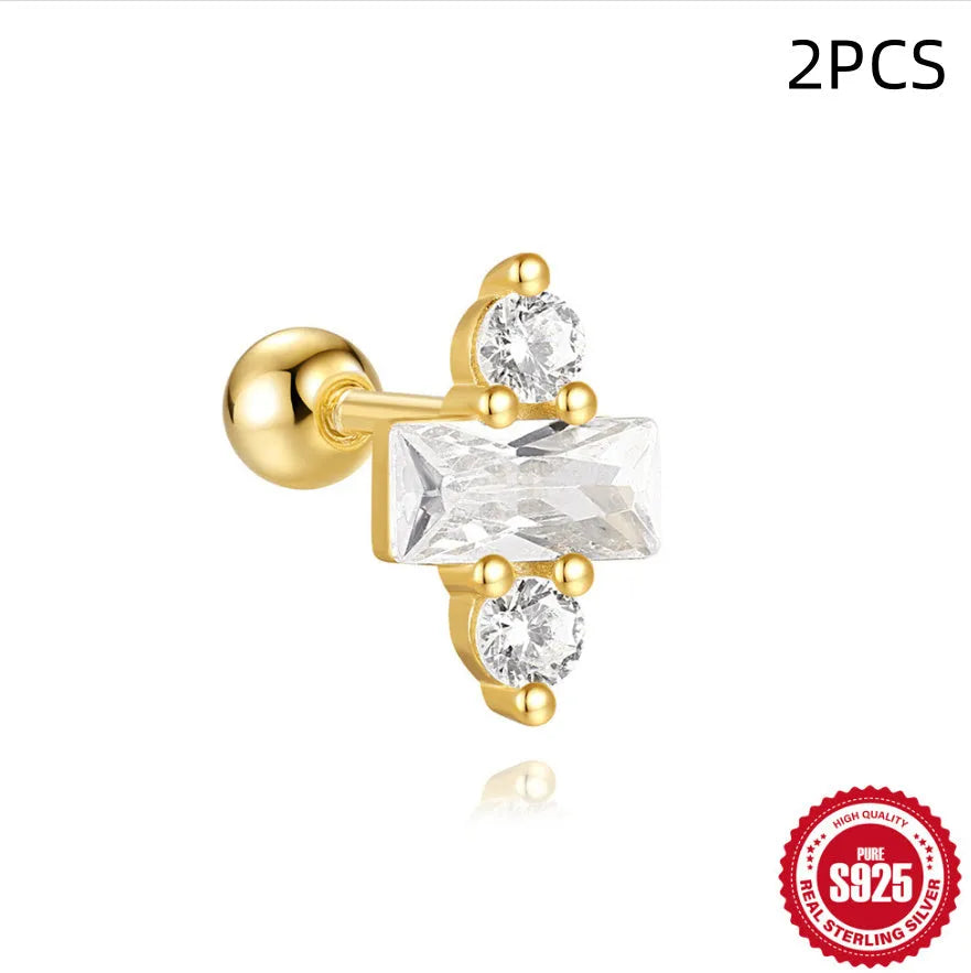 S925 sterling silver red earrings with square gravel studs and golden electroplated finish