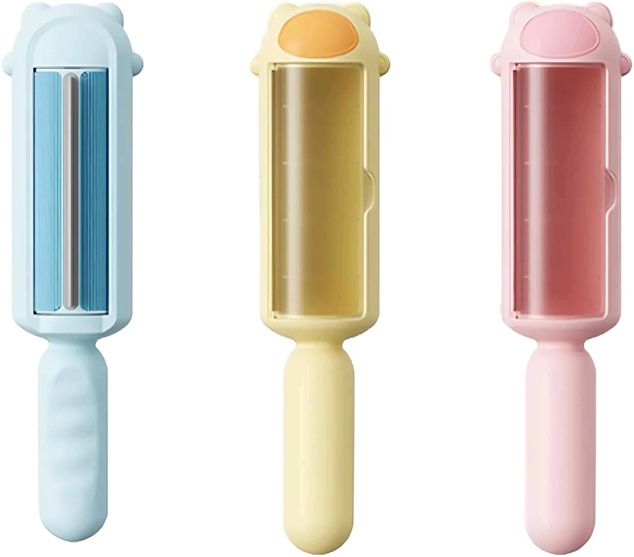 Blue pet hair remover roller with self-cleaning base on a fabric sofa.