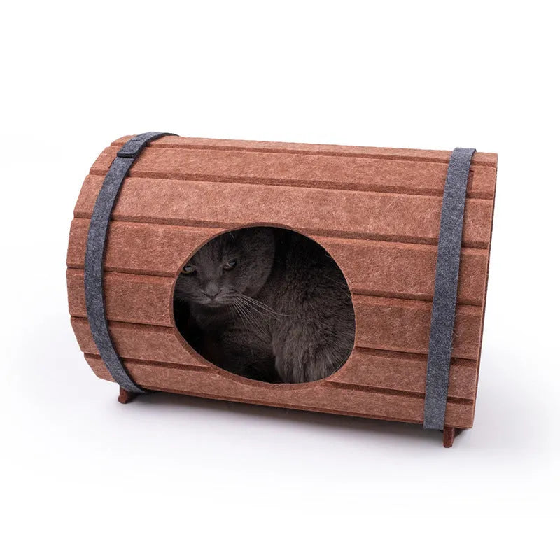 Assembled wine barrel cat bed with three polyester fibre felt boards and binding straps