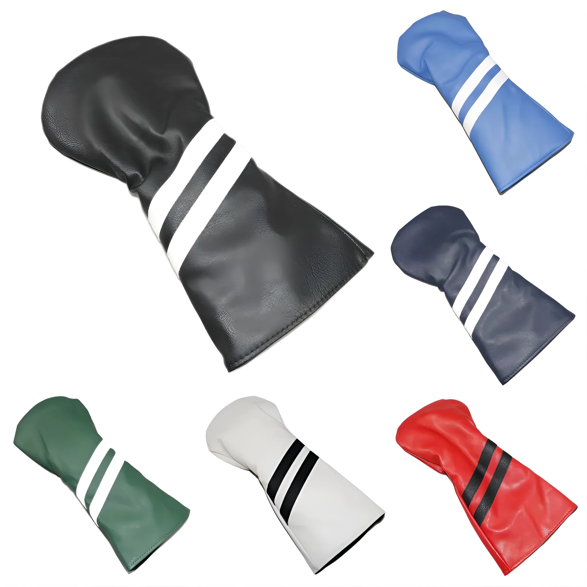 Golf club head cover with two oblique stripes in pu material, shown in available colours with size comparison
