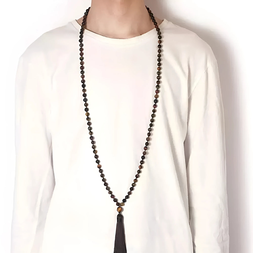 Long geometric agate tassel necklace with mixed gemstone beads including lapis lazuli and turquoise