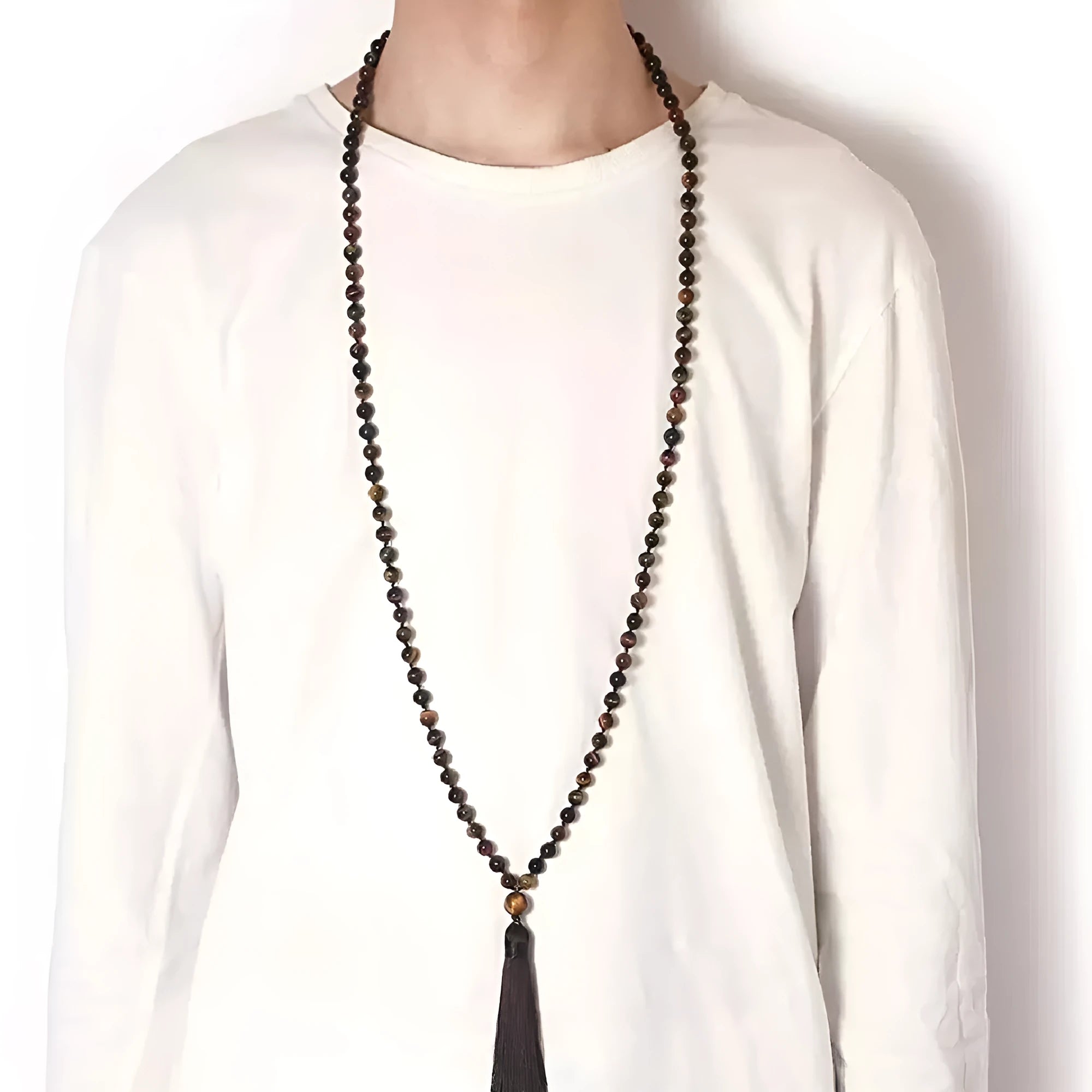 Long geometric agate tassel necklace with mixed gemstone beads including lapis lazuli and turquoise