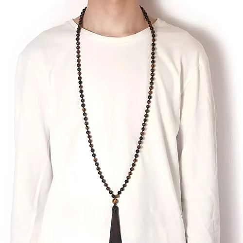 Long geometric agate tassel necklace with mixed gemstone beads including lapis lazuli and turquoise