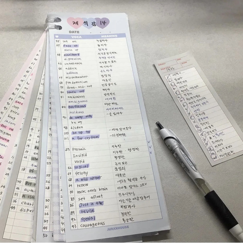 Vertical double-sided English words notepad in B5 half size with pink, purple and blue colour options