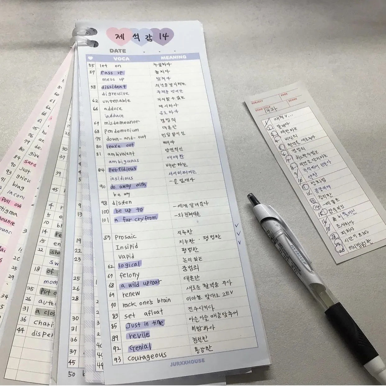Vertical double-sided English words notepad in B5 half size with pink, purple and blue colour options