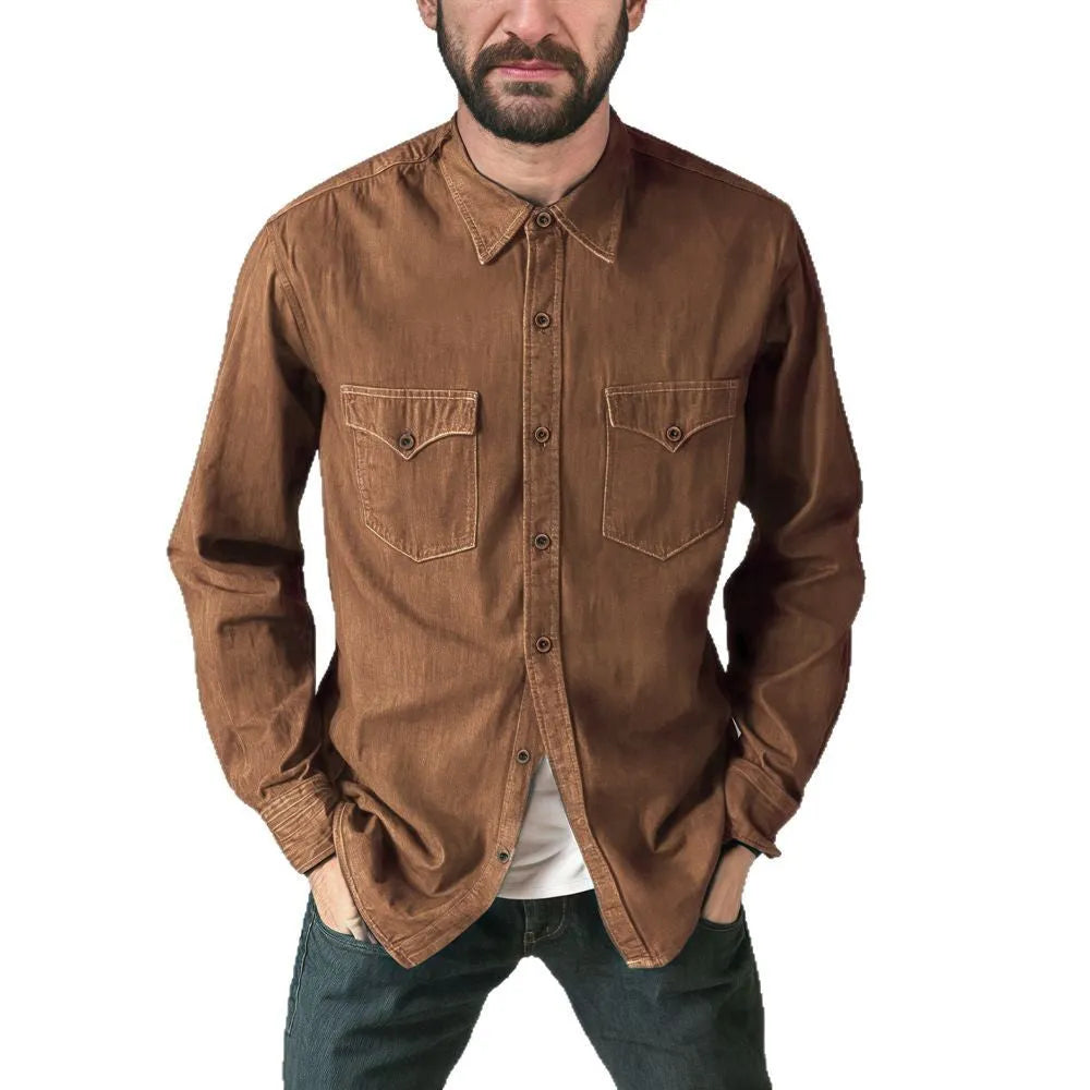 A regular-fit denim cardigan coat shown in khaki, available in sizes from Small to 3XL.