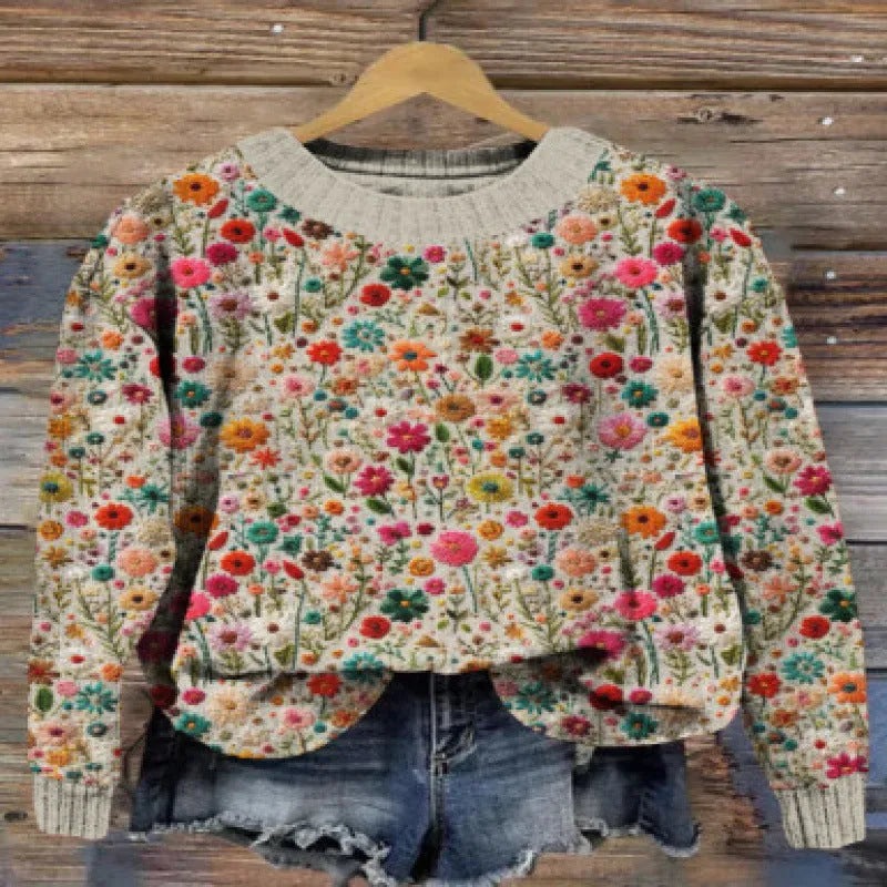 Little Flower digital printed round neck sweater in a floral pattern on a polyester fabric.