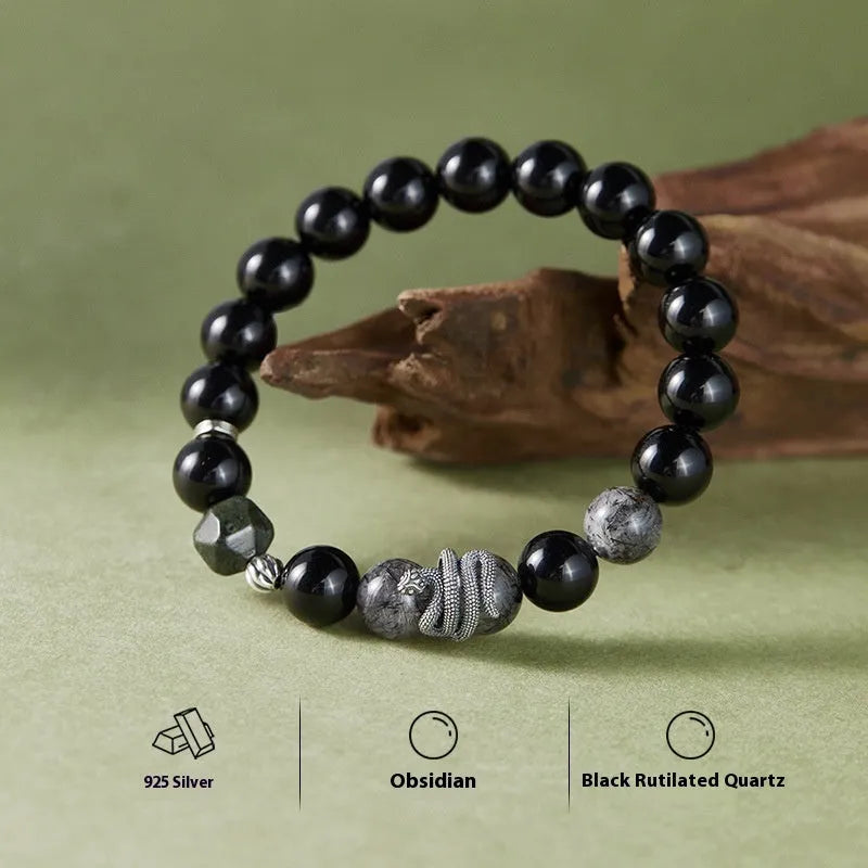 S925 sterling silver men's snake bracelet with obsidian black crystal hair design