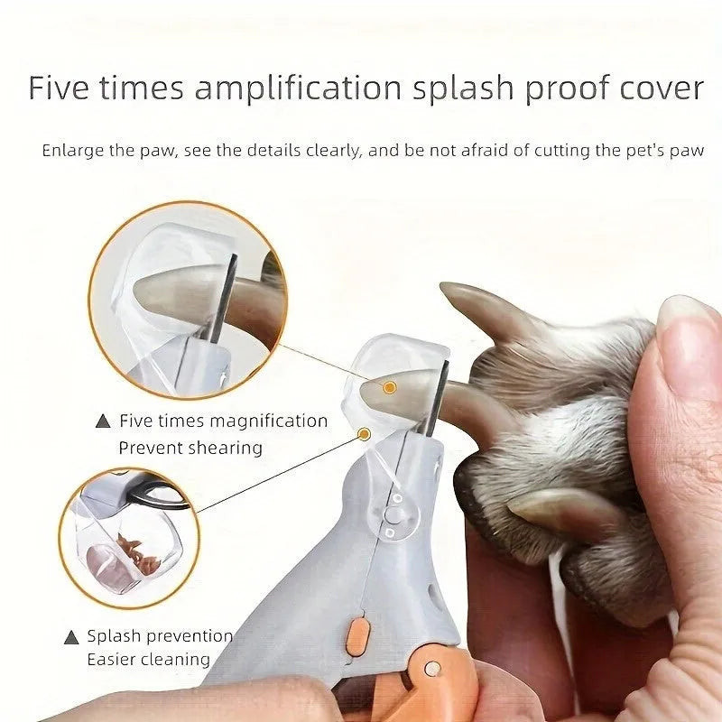 Yellow LED pet nail trimmer with magnifying glass and LED lights for trimming cat and dog nails