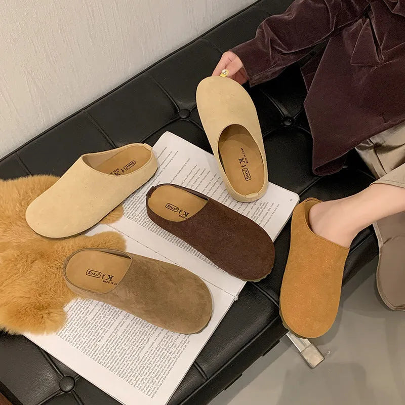 Korean style square toe outdoor slippers in apricot colour with a microfiber upper and PU sole.