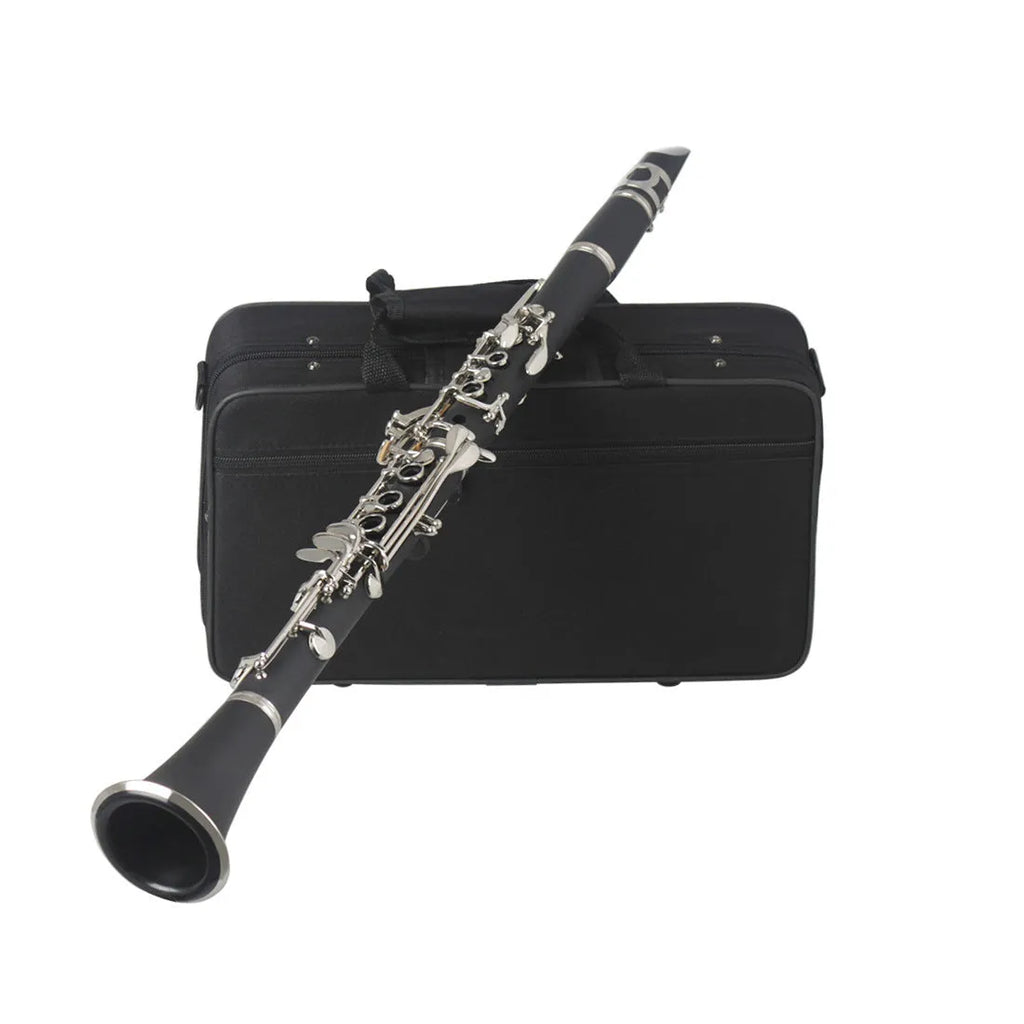 Black bakelite beginner clarinet with nickel keys and carrying bag for student musicians