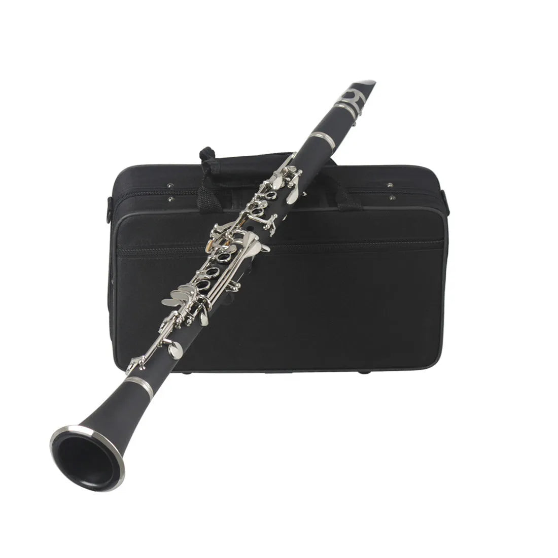Black bakelite beginner clarinet with nickel keys and carrying bag for student musicians