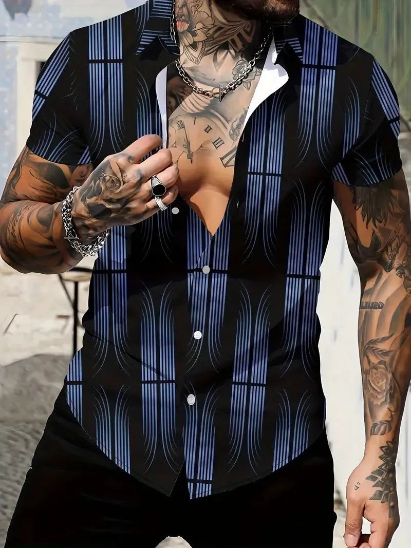 Men's slim-fit short-sleeve shirt with a geometric line pattern printed on the lapel.
