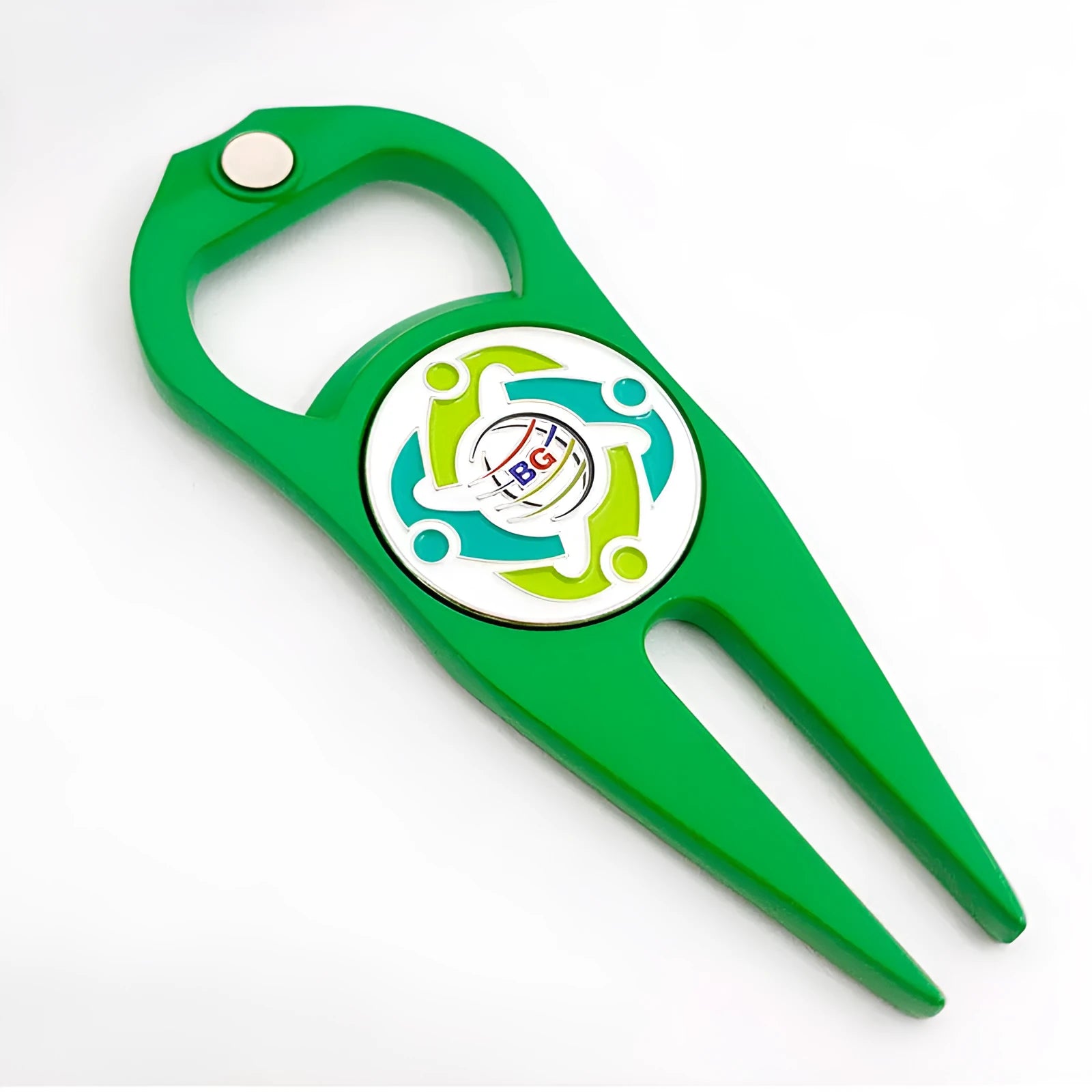 Black zinc alloy golf ball yoke fork with integrated bottle opener tool on green turf.