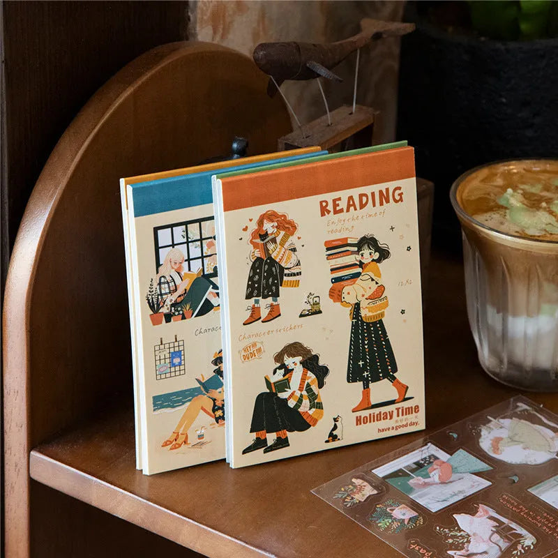 Double material retro sticker book with character landscape scenes quiet reading time planting small pot plant holiday live healing time