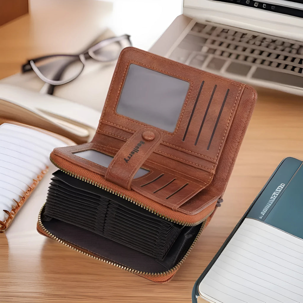 Women's black PU zip coin purse showing card slots and coin compartment.