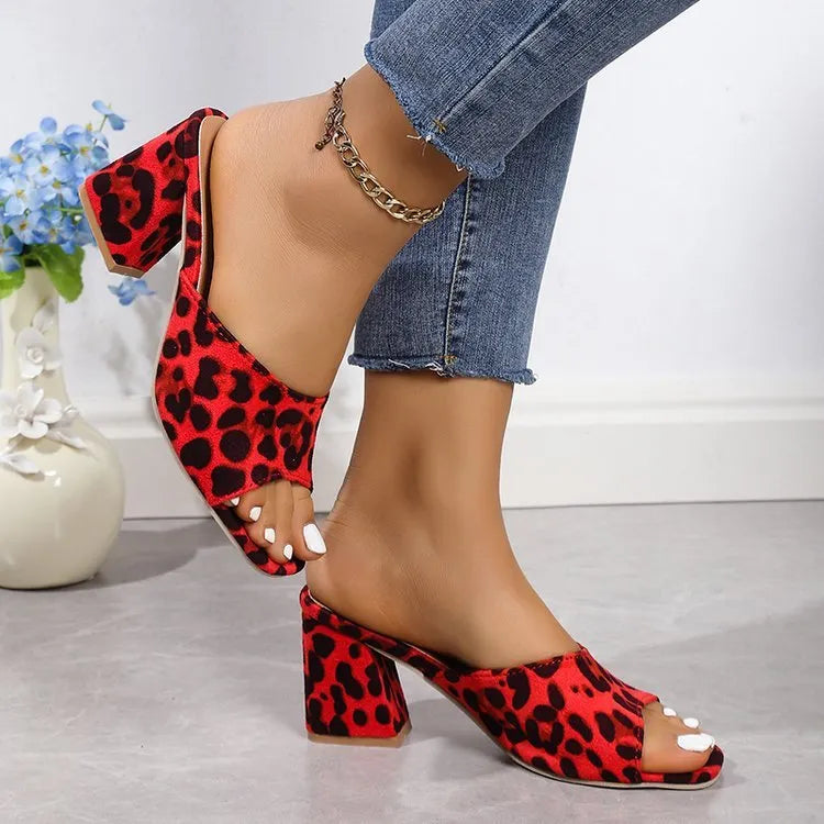 Leopard square toe chunky heel summer slippers for women in camel colour with rubber sole